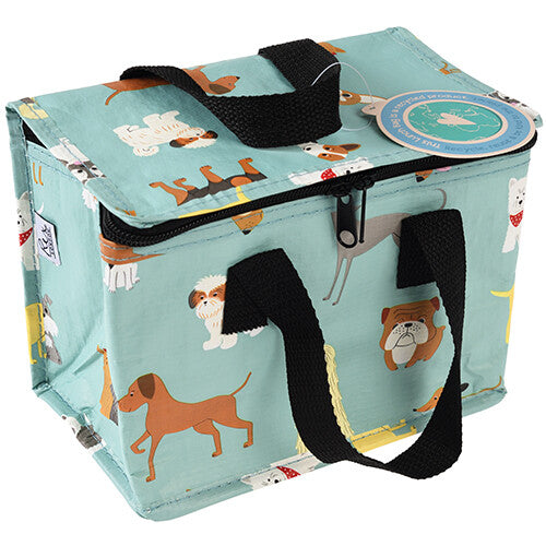 Rex London kinderlunchtas met hondenpatroon, gesloten en schuin gefotografeerd.