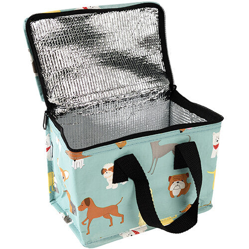 Open Rex London kinderlunchtas met hondenpatroon, met zilverkleurige isolerende binnenkant.