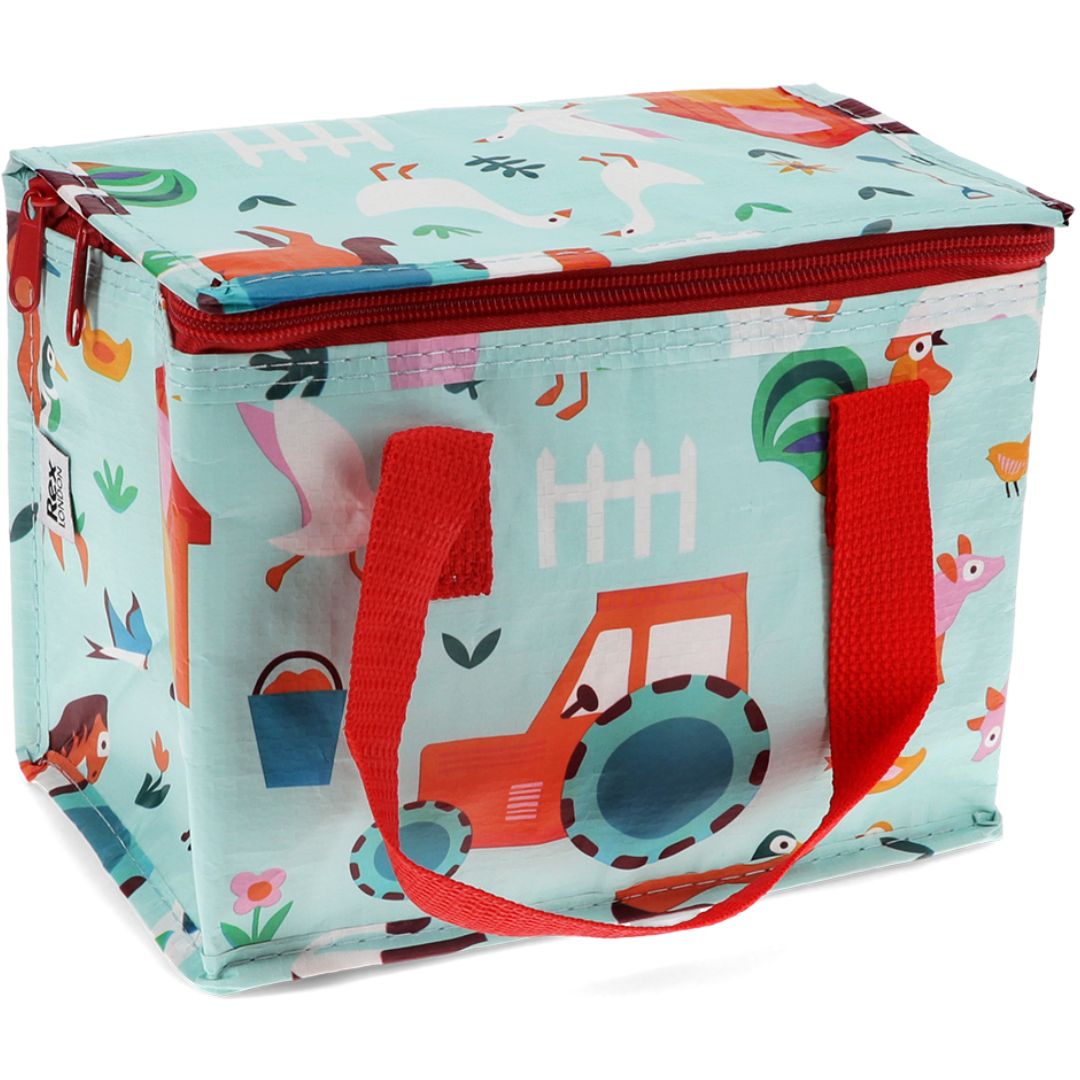 Rex London kinderlunchtas met boerderijthema, blauw met rode rits en handvatten.