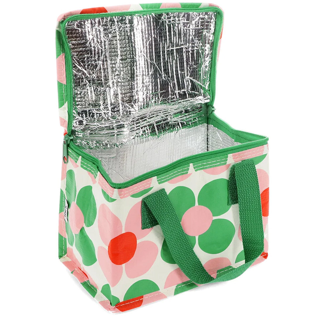 Open Rex London kinder lunchtas met roze en groene bloemenpatroon en zilveren isolerende binnenkant.