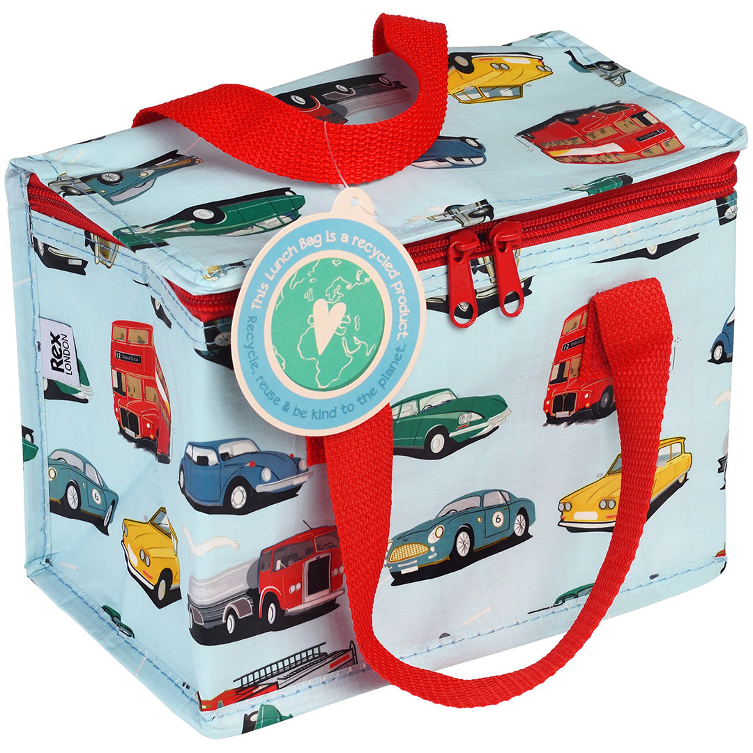 Rex London lunchtas met een patroon van diverse voertuigen en rode handvatten.