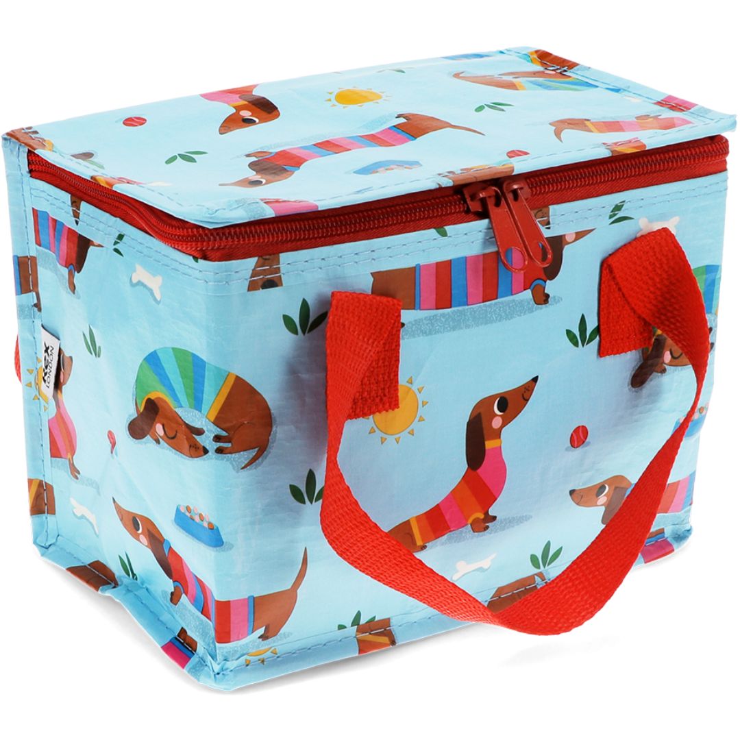 Rex London blauwe kinderlunchtas met patroon van worsthondjes.