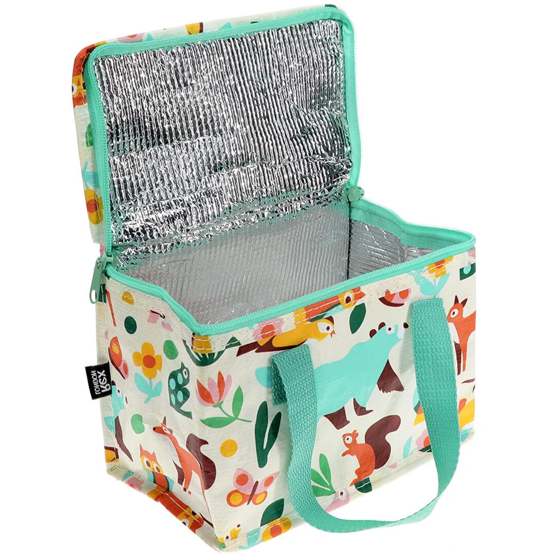 Open Rex London lunchtas met woodland dieren- en bloemenpatroon, met isolerende binnenkant.