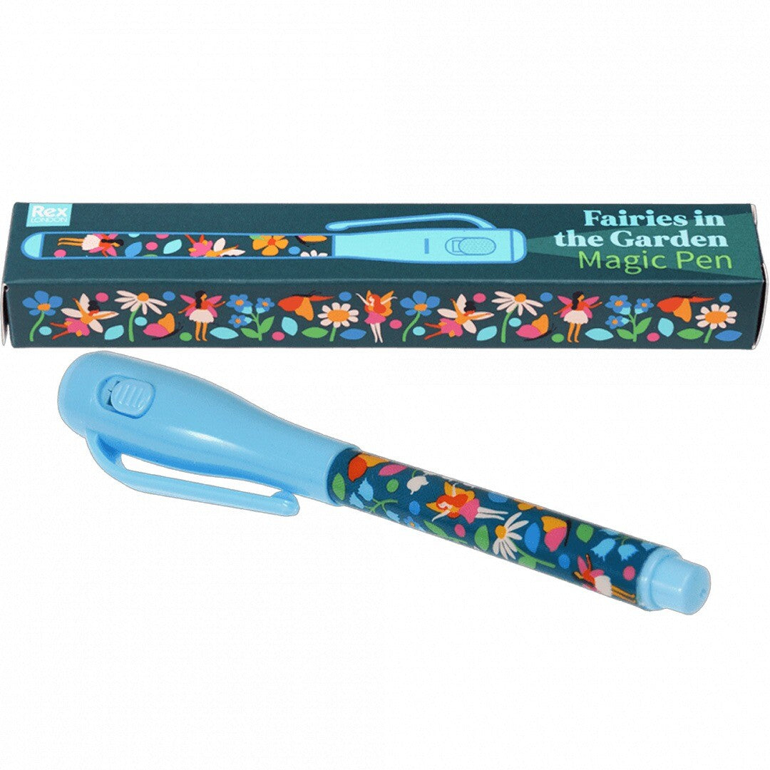 Rex London magische pen met feeën en bloemenpatroon naast de bijpassende verpakking.