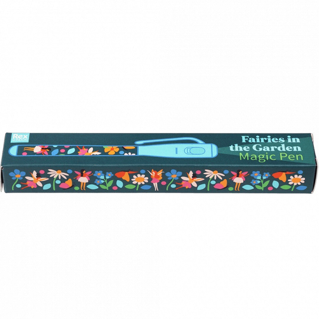 Verpakking van de Rex London magische pen met feeën en bloemenpatroon en de tekst 'Fairies in the Garden Magic Pen'.