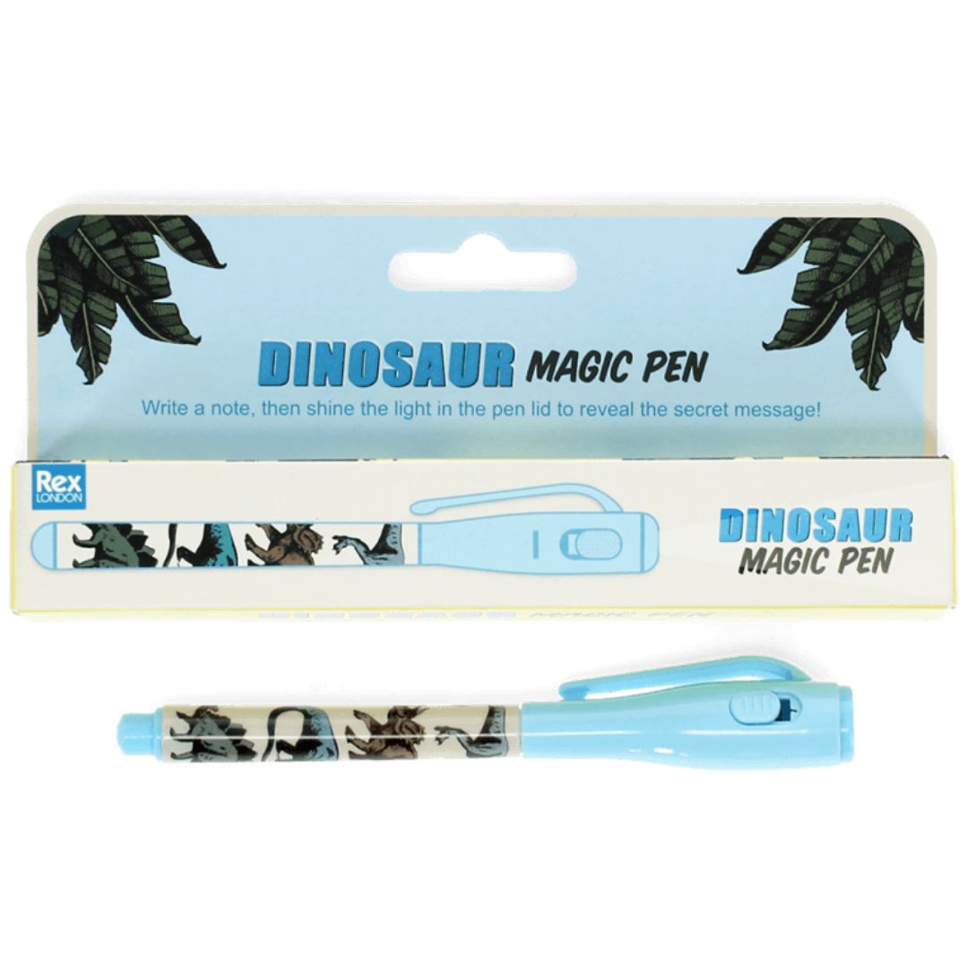 Rex London magische pen met dinosauruspatroon in de verpakking.