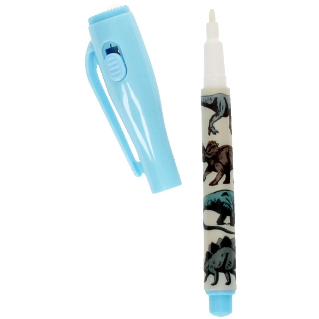 Rex London magische pen met dinosauruspatroon, zonder dop, met zichtbare penpunt.