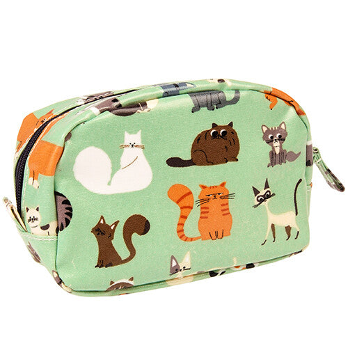 Groen make-up tasje met een vrolijk kattenpatroon.