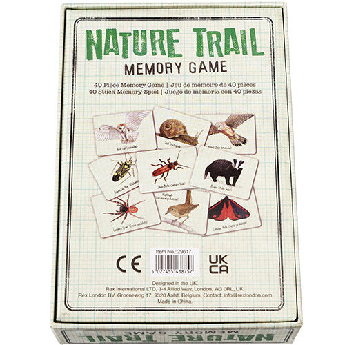 De achterkant van de Rex London Nature Trail memory game verpakking met productinformatie en illustraties van dieren.