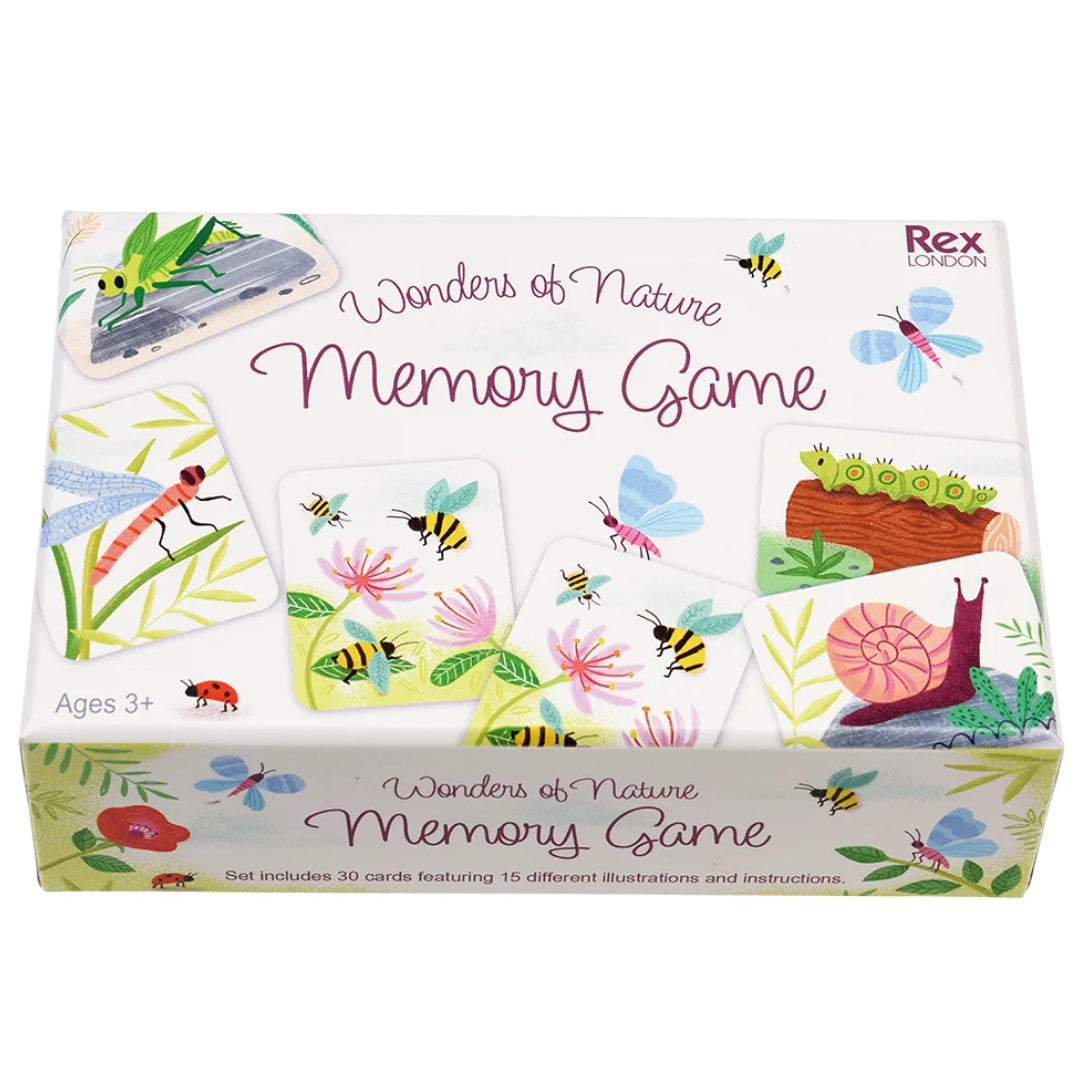 Rex London Wonders of Nature memory game verpakking met illustraties van insecten en bladeren.