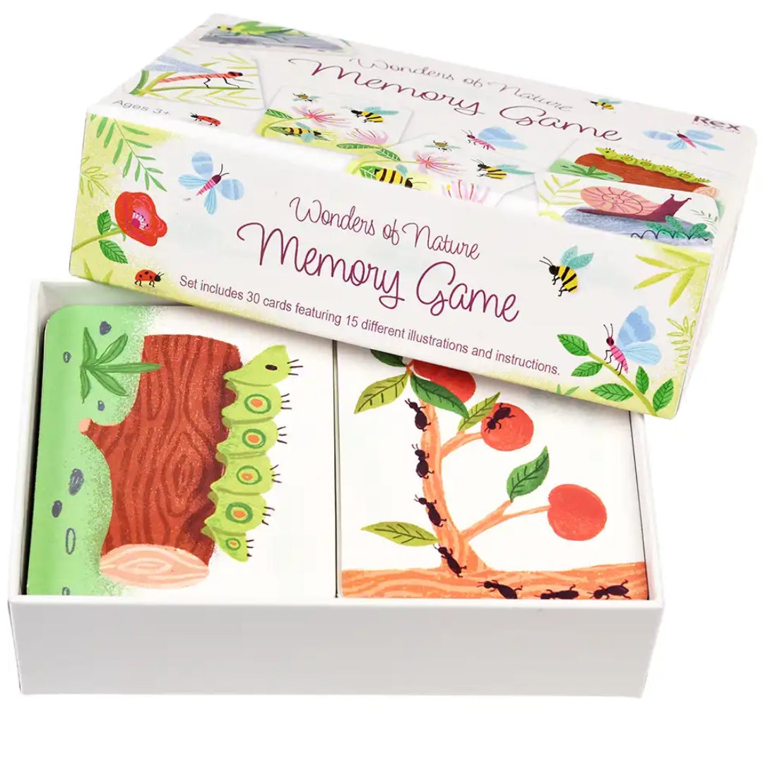 Open Rex London Wonders of Nature memory game doos met kaarten van een rups en mieren.