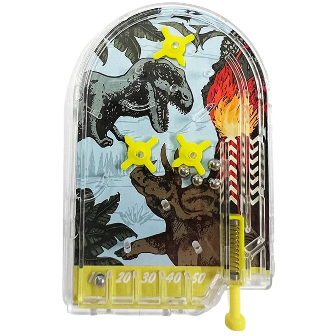 Rex London mini flipperkast met een prehistorisch land thema, inclusief dinosaurussen en een vulkaan.