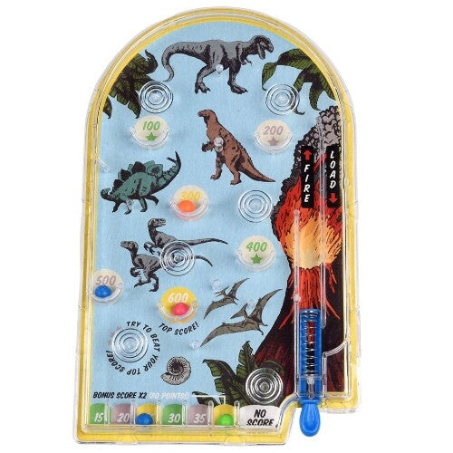 Rex London mini flipperkast met Prehistoric Land dinosaurus thema, inclusief vulkaan en verschillende dinosauriërs.