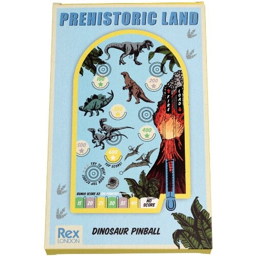 De verpakking van de Rex London mini flipperkast met Prehistoric Land dinosaurus thema.