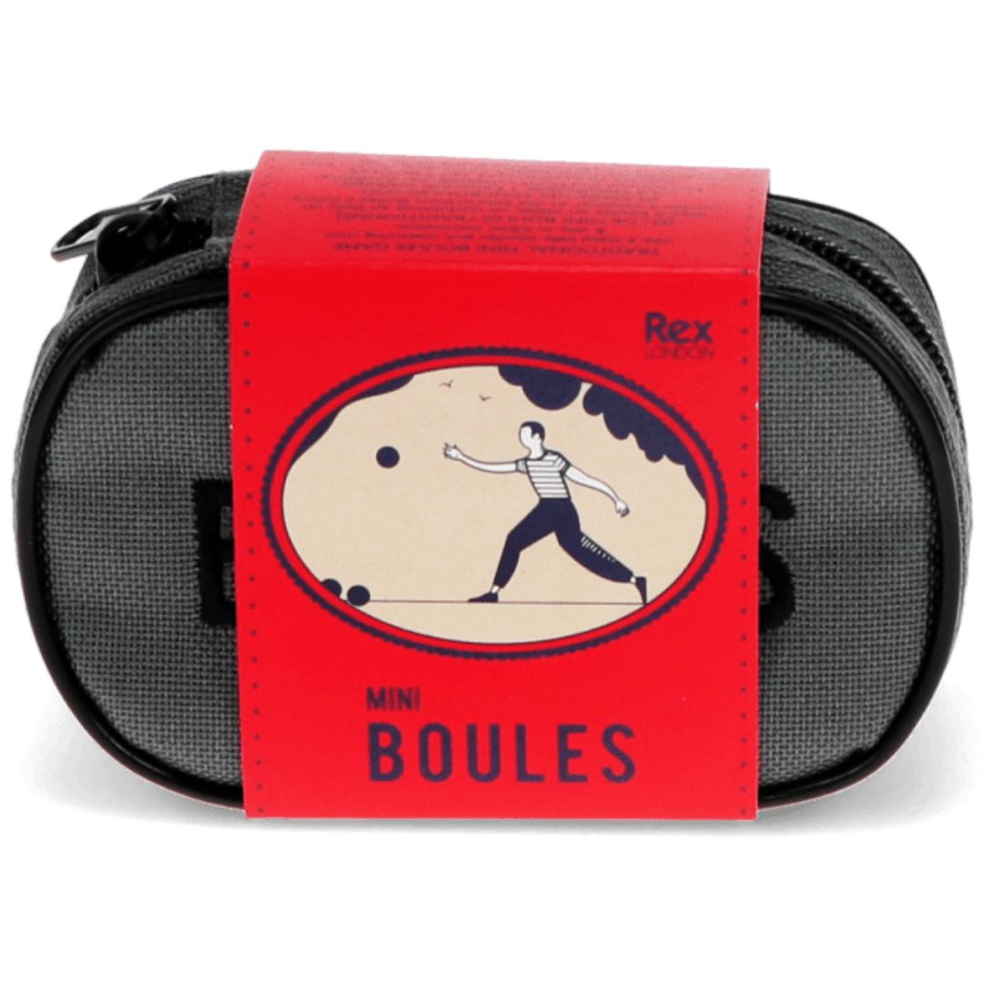 Verpakking van de Rex London mini jeu de boules set, een grijs etui met een rode band met illustratie.