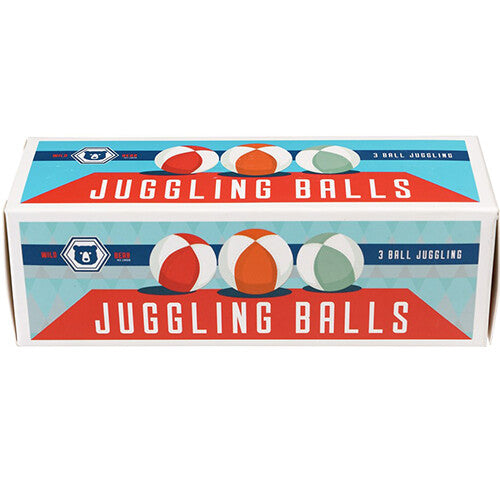 De voorkant van de Rex London verpakking voor jongleerballen, met de tekst 'JUGGLING BALLS' en illustraties van de ballen.