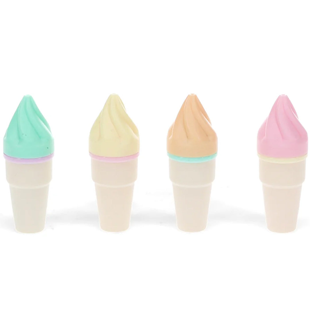 Vier Rex London mini markeerstiften in pastelkleurige ijshoorntjesvorm staan op een rij.