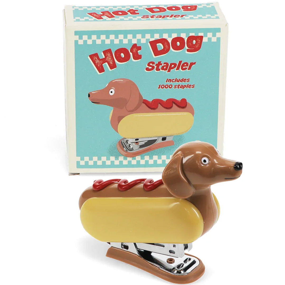 Rex London mini nietmachine in de vorm van een hotdog met de verpakking erachter.