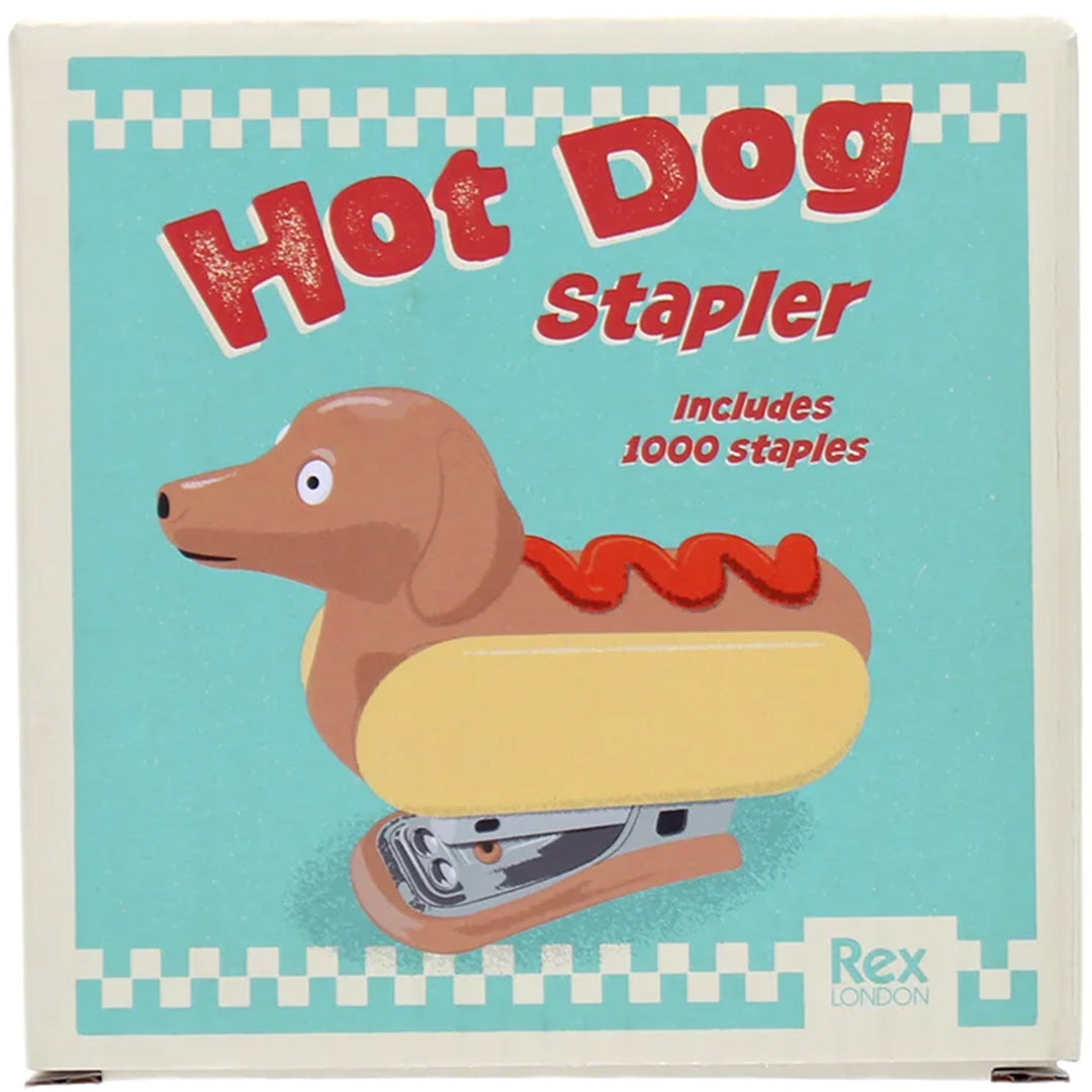 De voorkant van de Rex London verpakking van de mini nietmachine in hotdog-thema.