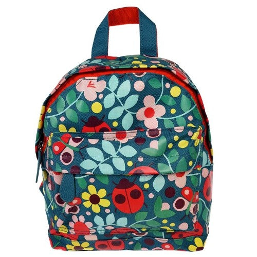 Voorkant van de Rex London mini rugzak met bloemen- en lieveheersbeestjespatroon.