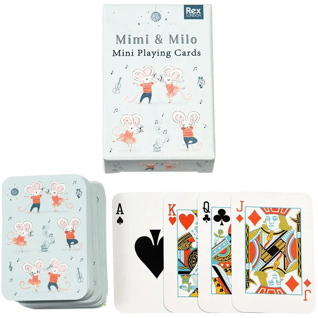 Rex London mini speelkaarten met de verpakking, een stapel kaarten met dansende muizen en vier openliggende speelkaarten.
