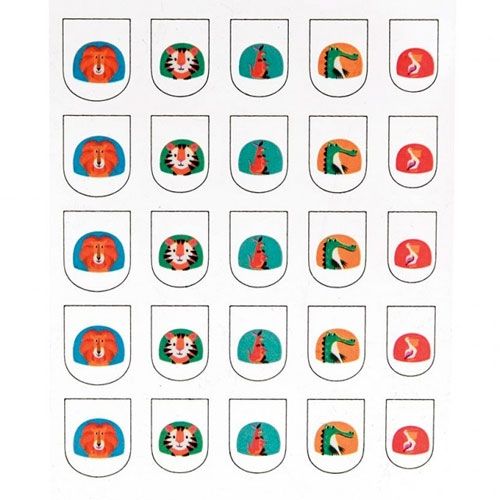 Detail van een vel met 25 nagelstickers met verschillende dierenhoofden.