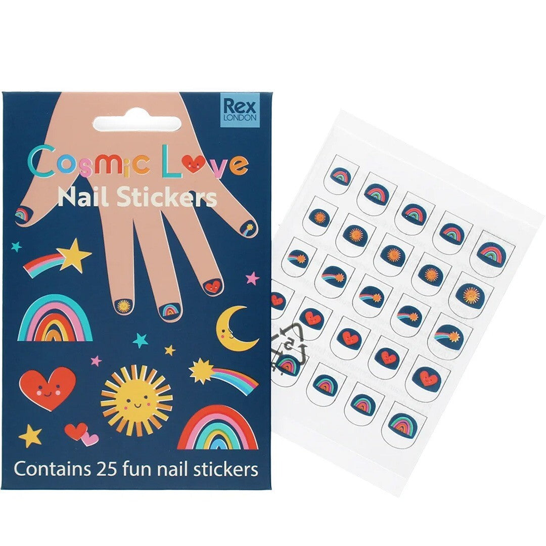 Rex London Cosmic Love nagelstickers verpakking en een vel met regenboog-, sterren- en hartjesstickers.