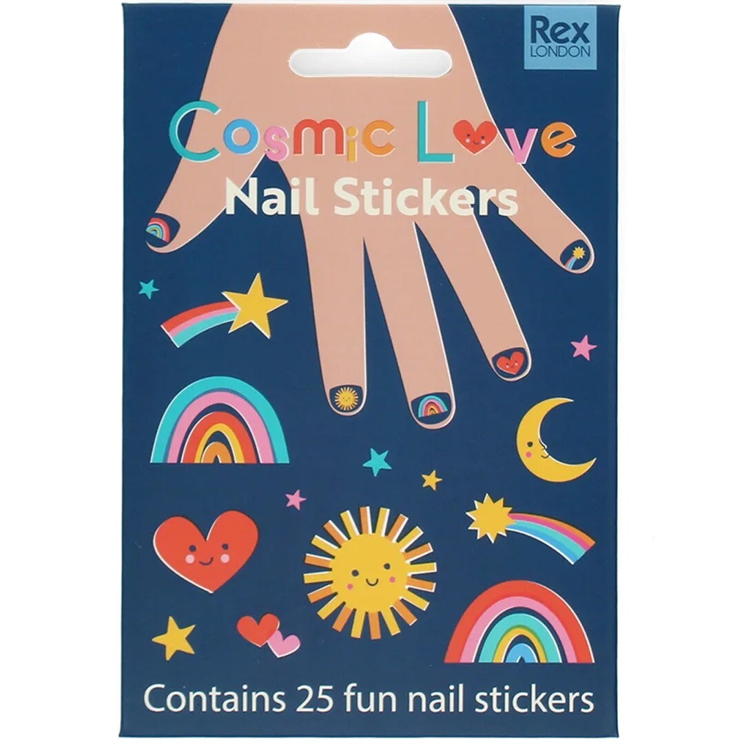 De voorkant van de Rex London Cosmic Love nagelstickers verpakking met een hand en kosmische illustraties.