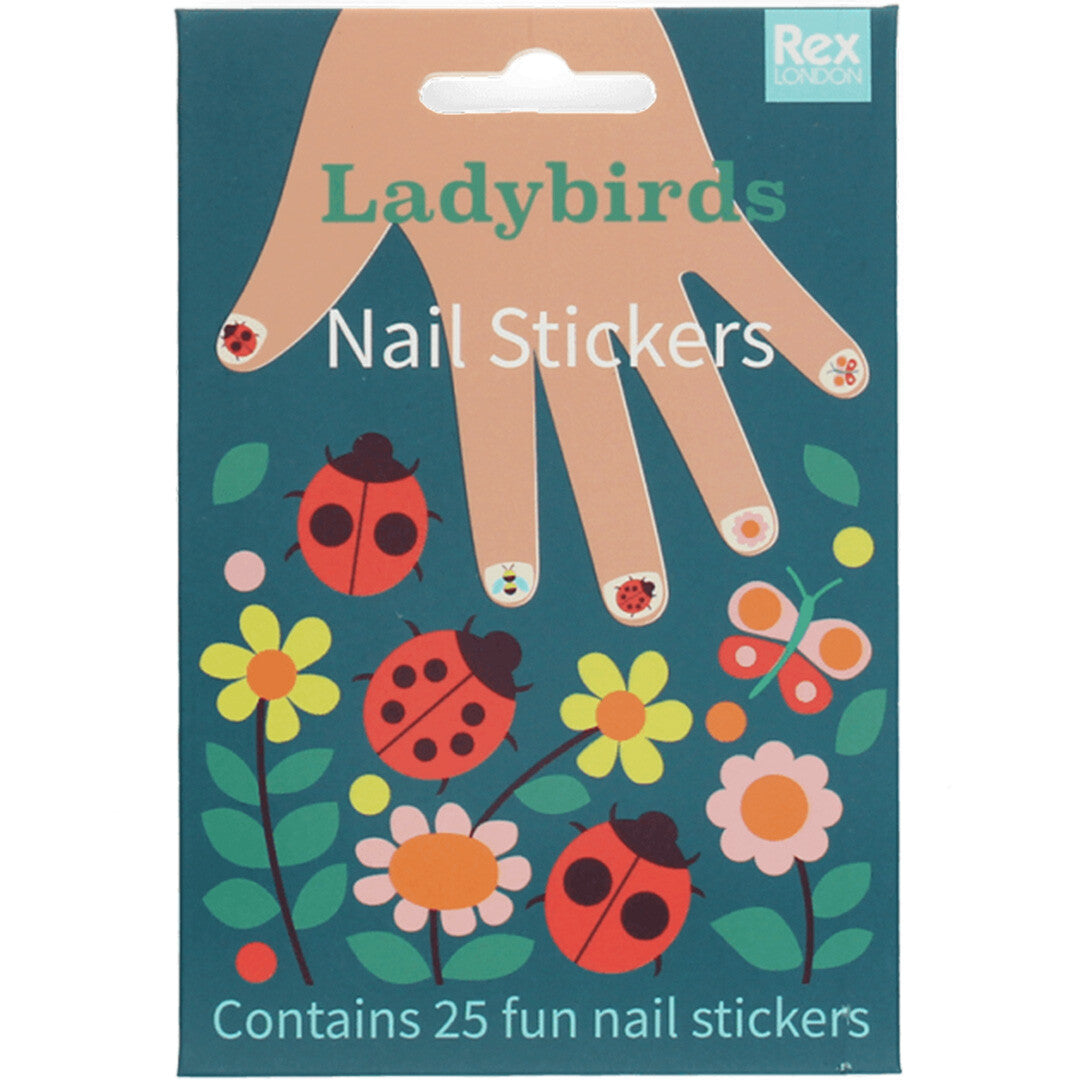 Rex London nagelstickers lieveheersbeestje, de voorkant van de verpakking met illustraties van een hand, lieveheersbeestjes en bloemen.