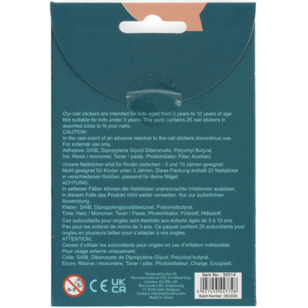 De achterkant van de verpakking van de nagelstickers met productinformatie en certificeringen.