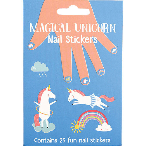 De voorkant van de Rex London verpakking voor eenhoorn nagelstickers met een hand, eenhoorns, een regenboog en wolken.