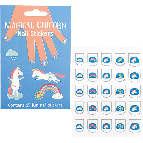 De Rex London verpakking voor eenhoorn nagelstickers naast een vel met diverse eenhoorn, regenboog, wolk en zon nagelstickers.