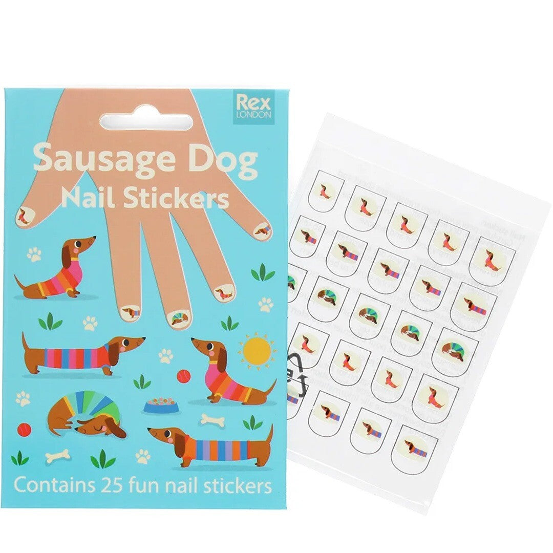 Rex London nagelstickers met worstjes honden thema, met de verpakking en een vel stickers ernaast.