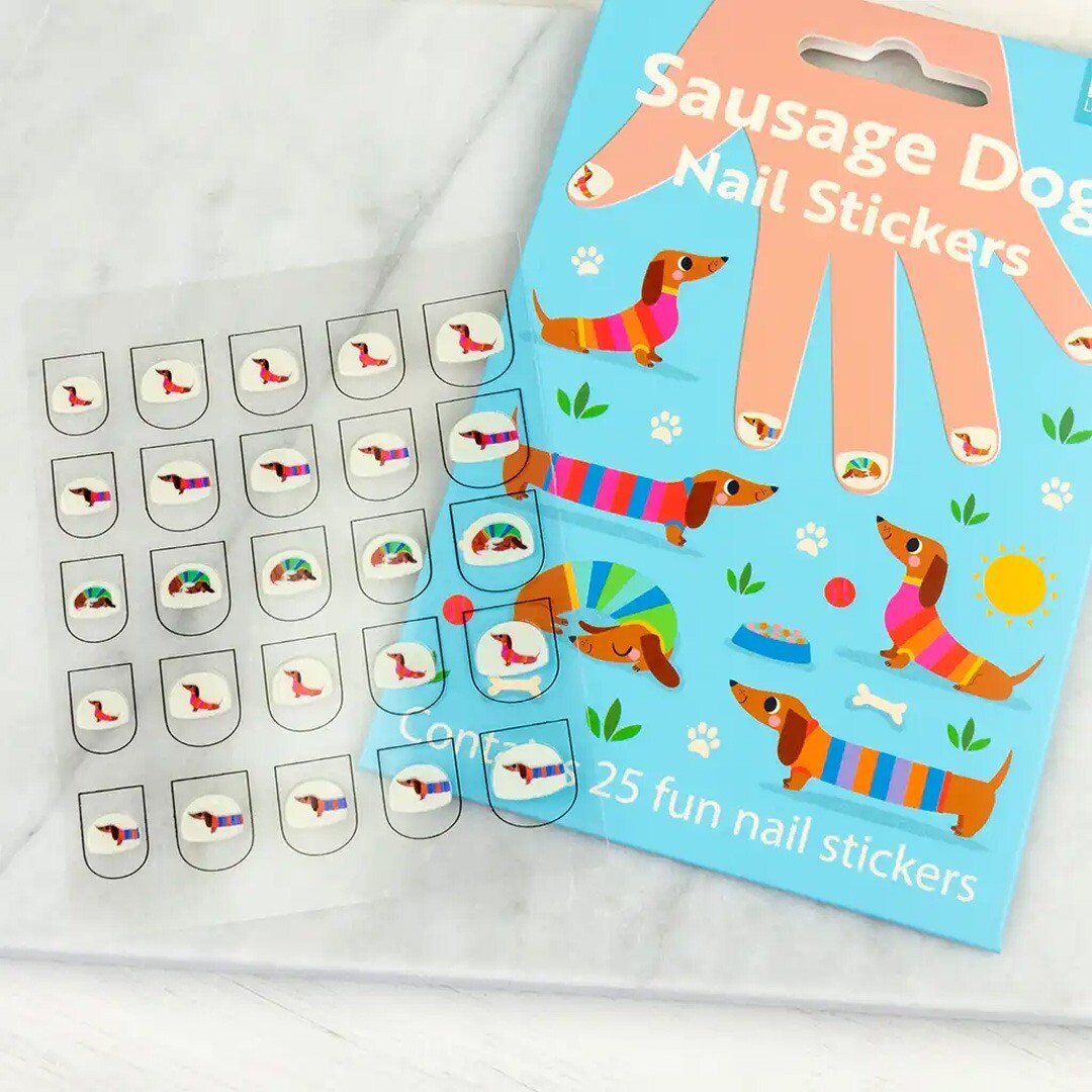 Rex London nagelstickers met worstjes honden thema, met de verpakking en een vel stickers.