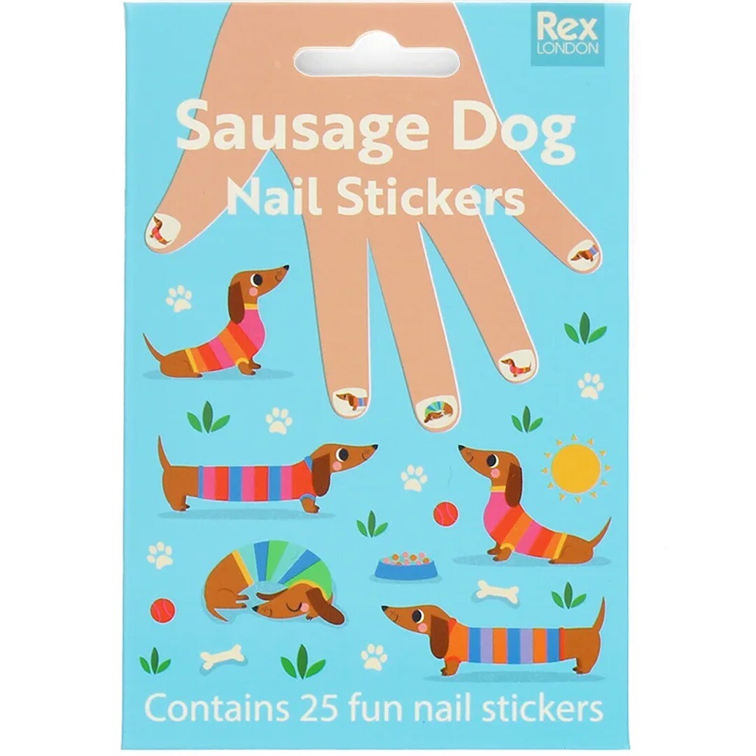 De voorkant van de Rex London verpakking voor nagelstickers met worstjes honden thema.