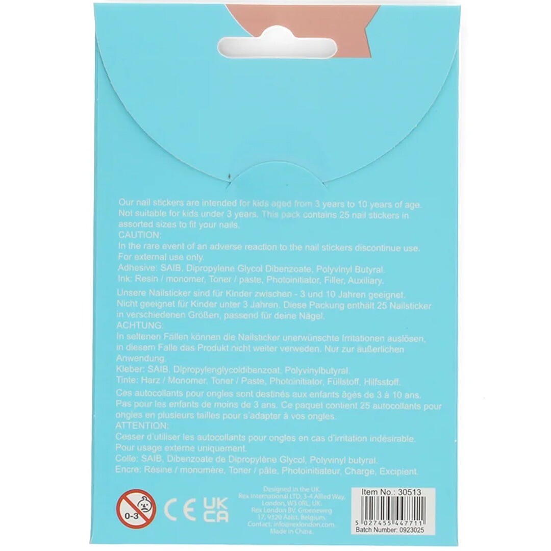 De achterkant van de Rex London verpakking voor nagelstickers met productinformatie.