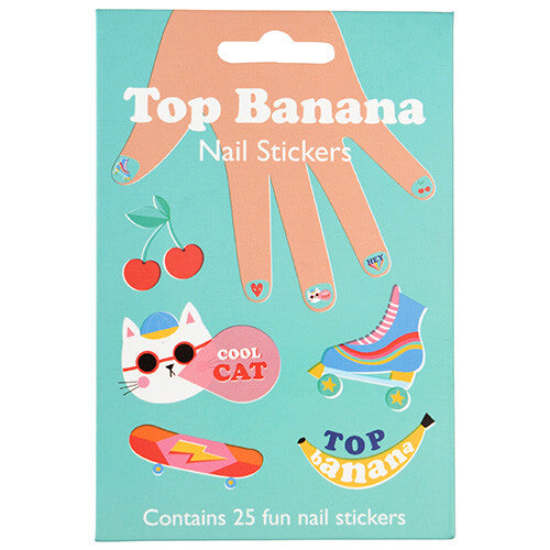 Rex London Top Banana nagelstickers verpakking met illustraties van een hand, kersen, een kat, een rolschaats en een skateboard.