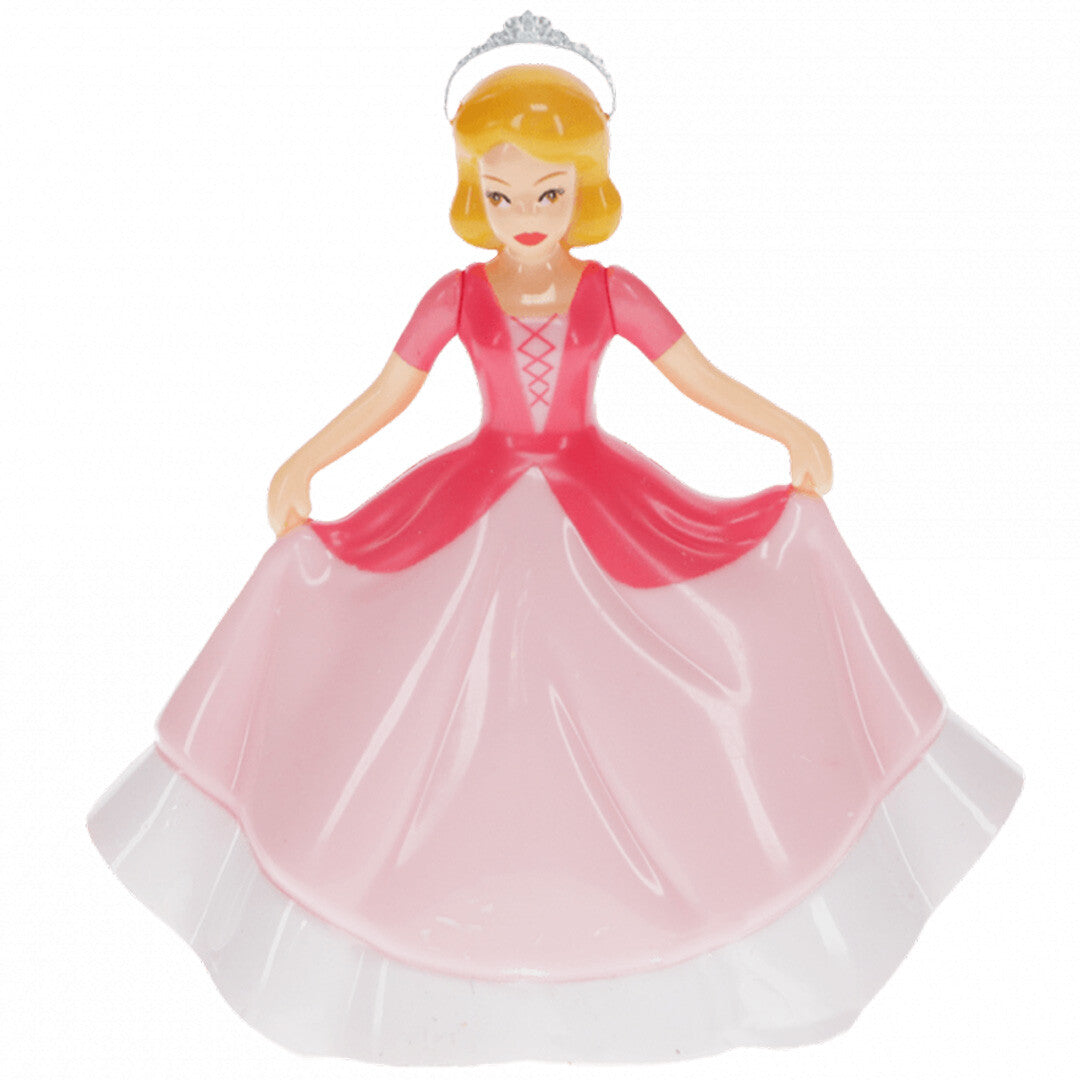 Rex London opwindbaar speelfiguur van een prinses met blonde haren, roze jurk en tiara, van voren gezien.