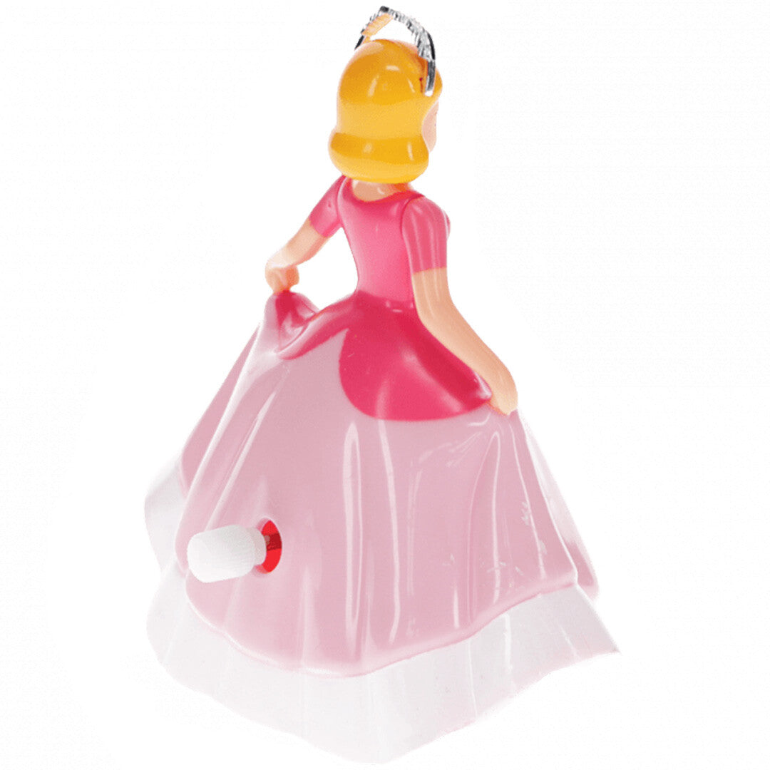 Achterkant van het opwindbare prinses speelfiguur met de opwindknop zichtbaar op de roze jurk.