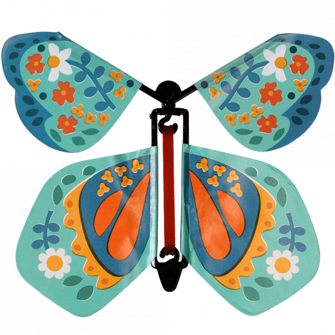 Rex London opwindbare vlinder met blauwe en oranje bloempatronen.