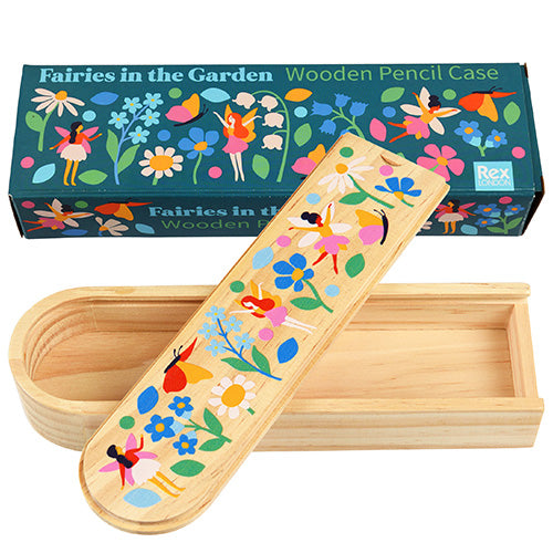 Rex London houten pennenbak met feeën, bloemen en vlinders naast de productverpakking.