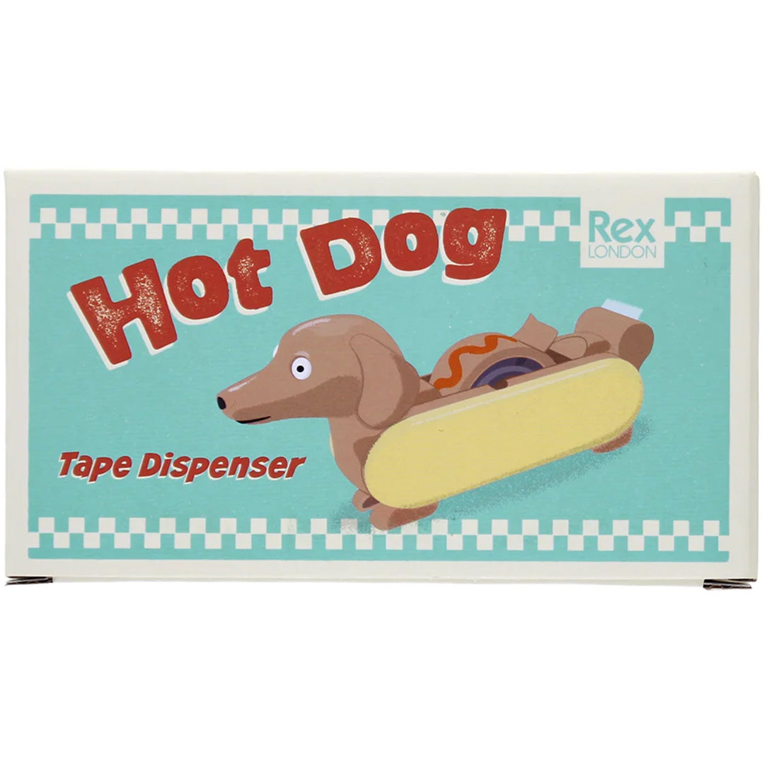 Voorkant van de Rex London verpakking voor de hotdog plakbandhouder.
