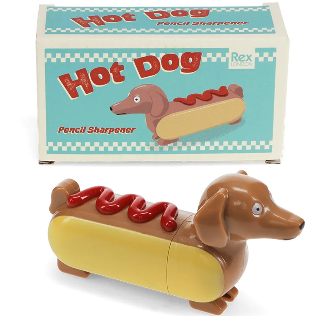 De Rex London hot dog puntenslijper met de verpakking op de achtergrond.