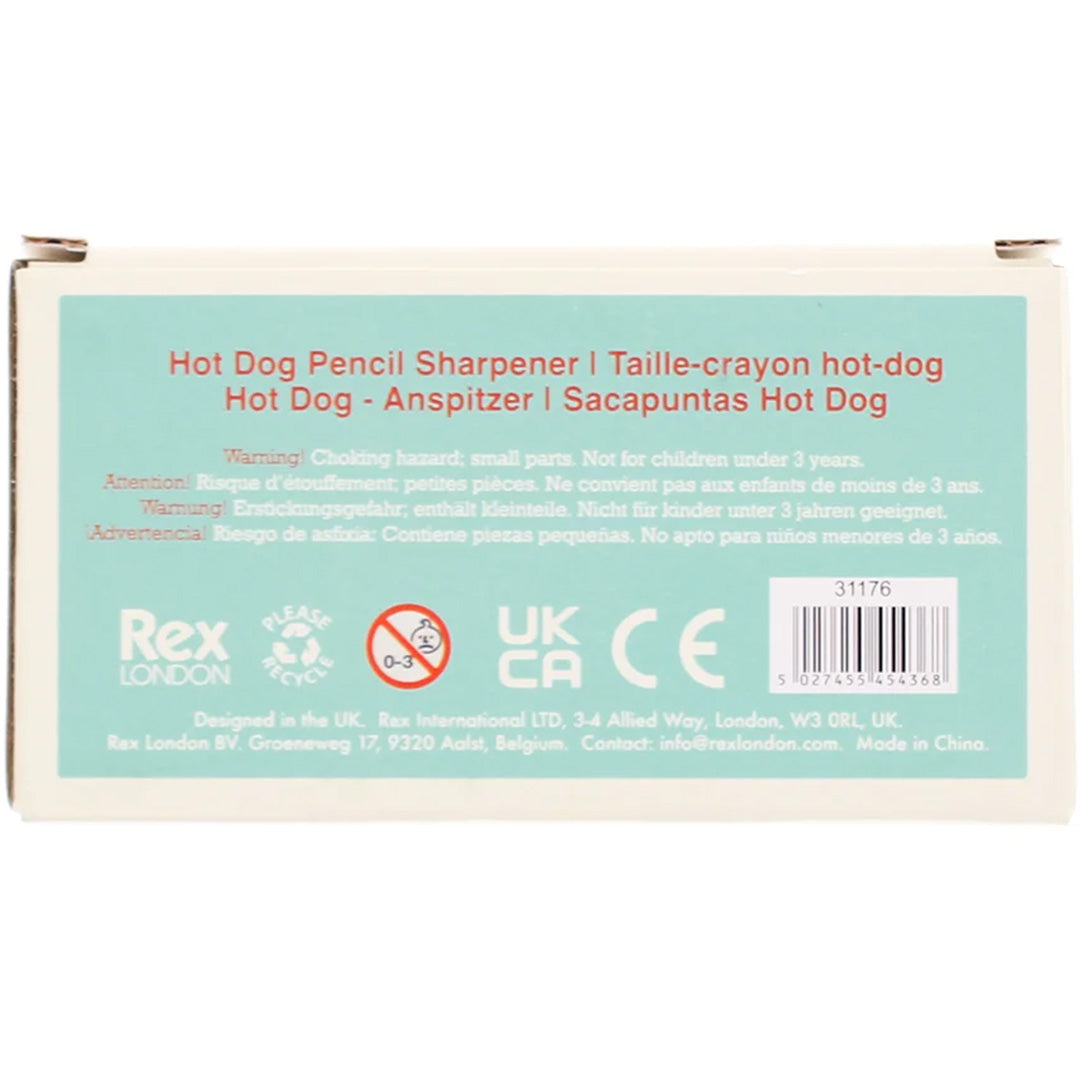 De achterkant van de Rex London hot dog puntenslijper verpakking met waarschuwingen en productinformatie.