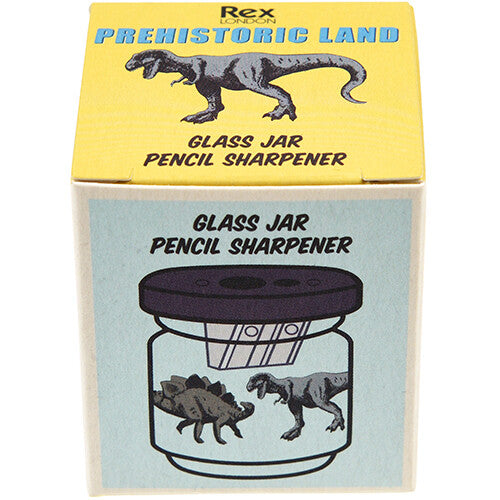 Verpakking van de Rex London puntenslijper met Prehistoric Land thema en productafbeelding.