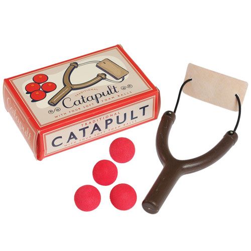 Rex London retro katapult met vier rode foamballetjes en de verpakking.