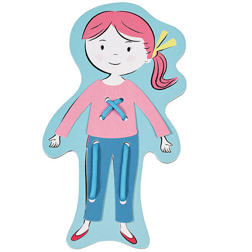Rex London rijgkaarten aankleedpop met roze trui en blauwe broek, vastgeregen met blauwe veters.