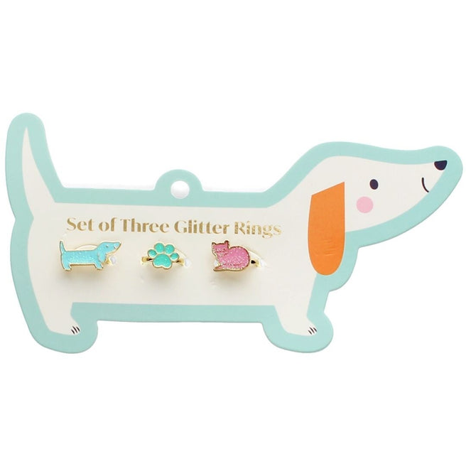 Rex London kinderringenset met glitter dierenringen op een hondvormige verpakking.