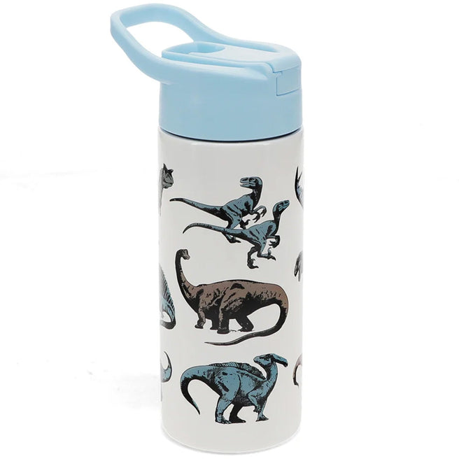 Rex London kinder drinkfles met dinosauruspatroon en lichtblauwe dop.