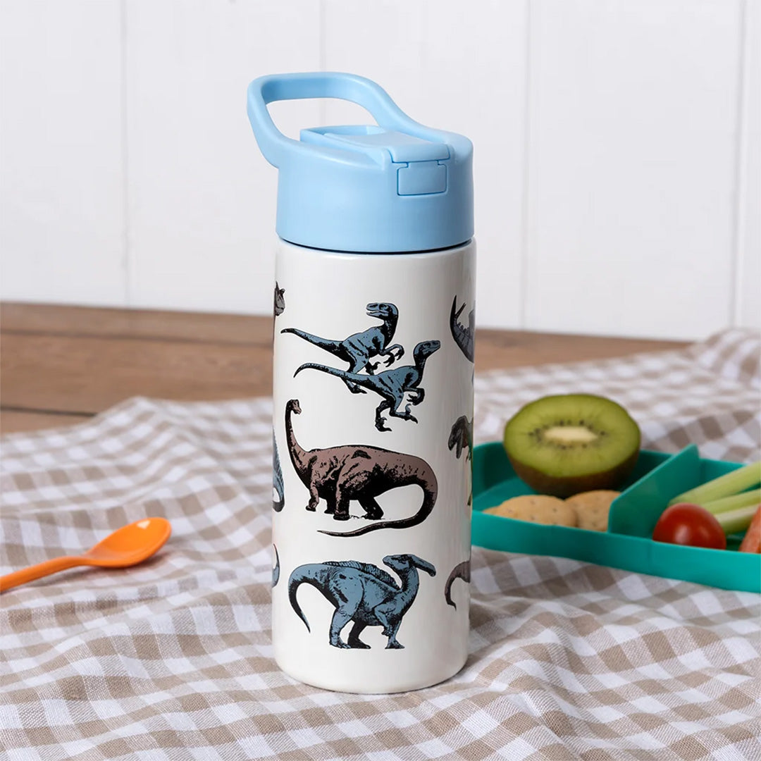 Rex London kinder drinkfles met dinosauruspatroon op een geruite doek naast een lunchbox.